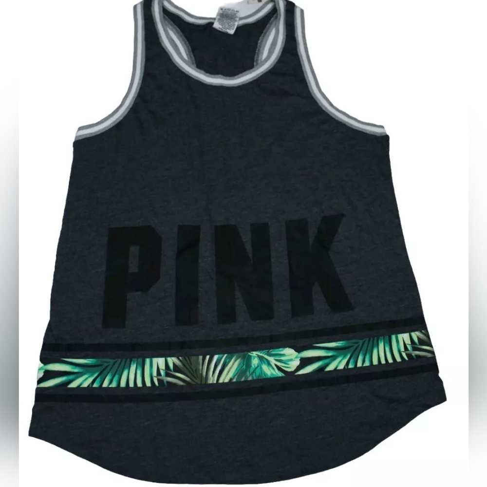 Victoria's Secret PINK Tank Top. Dark Gray Green Palm Leaves. Small Nwt